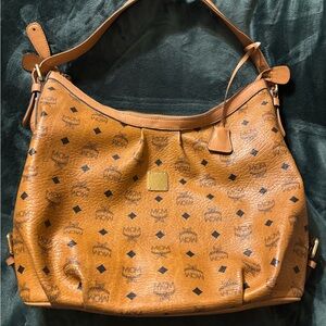 MCM Cognac Visetos Logo Shoulder Hobo Bag